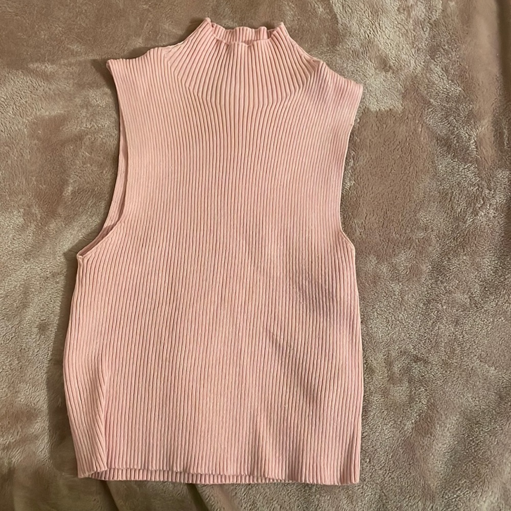 Pink mock neck rib-knit tank top.